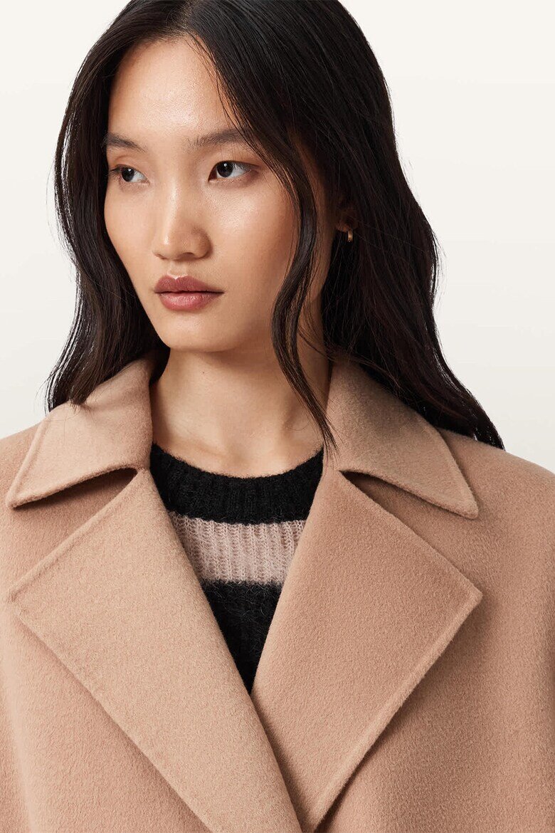 AllSaints Дълъг тренч Sellma с вълна и копчета Светлокафяв