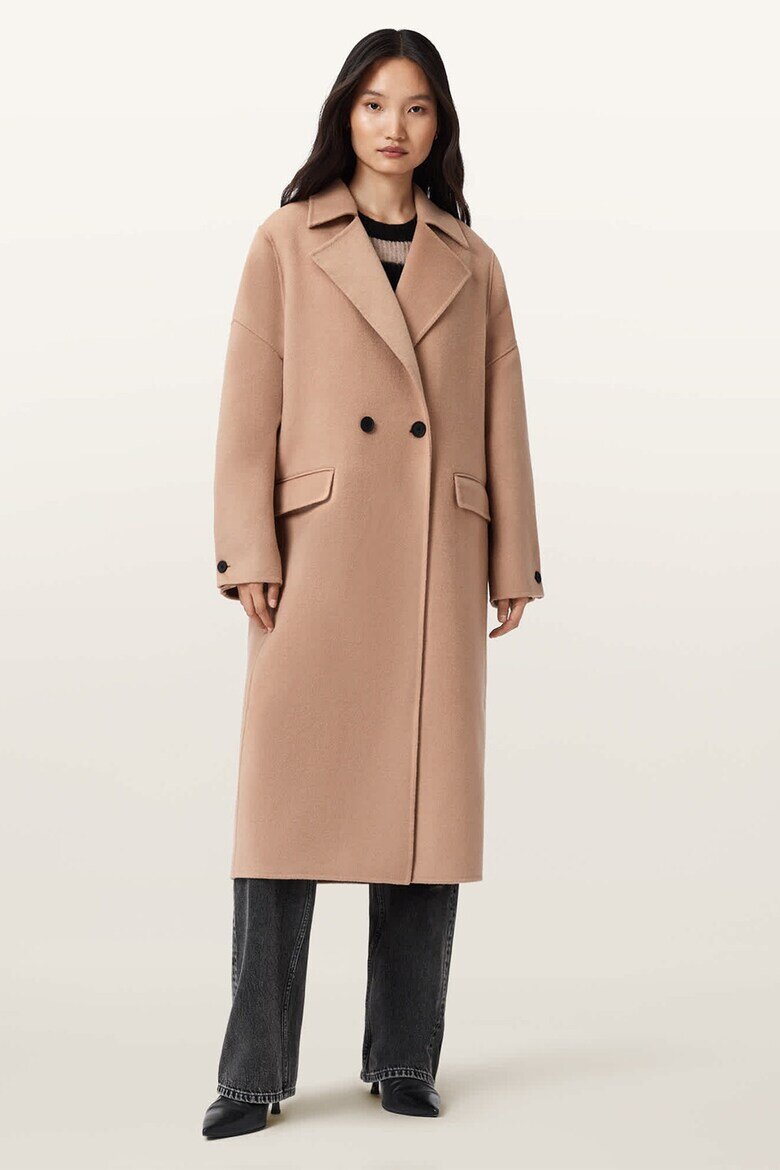 AllSaints Дълъг тренч Sellma с вълна и копчета Светлокафяв