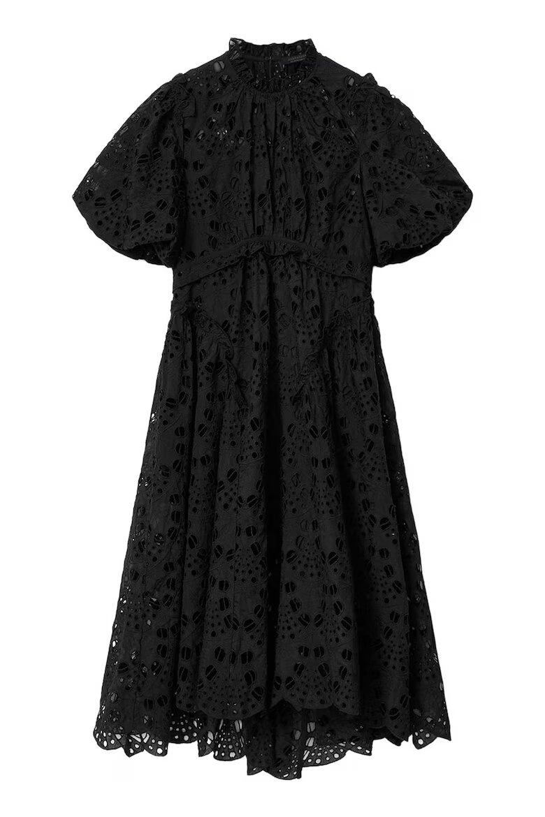 AllSaints Дълга рокля Odette с бродерия и бухнали ръкави Черен