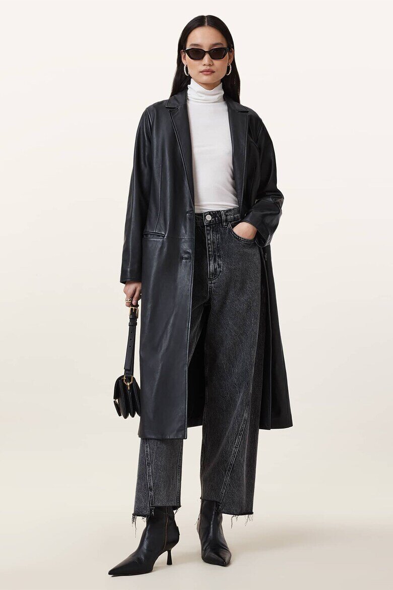 AllSaints Дълго кожено палто Aire - Черен