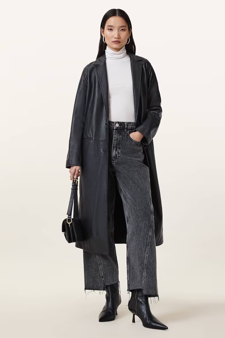 AllSaints Дълго кожено палто Aire - Черен