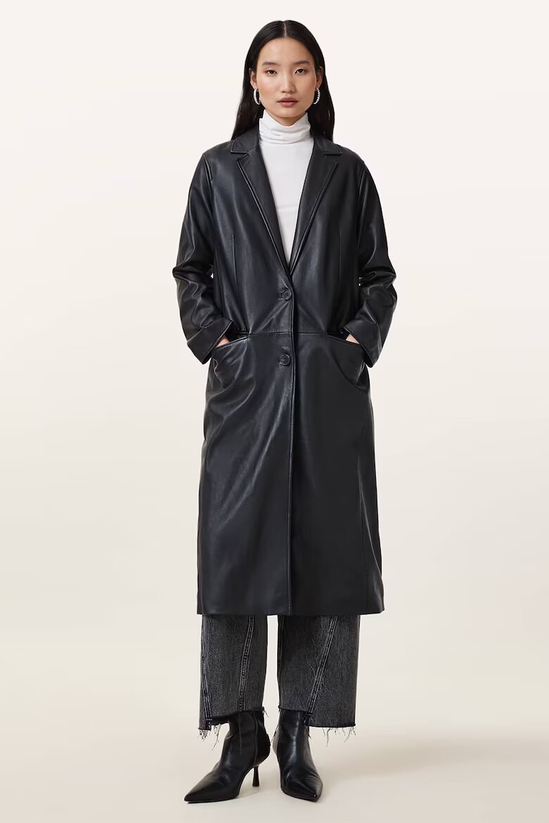AllSaints Дълго кожено палто Aire - Черен