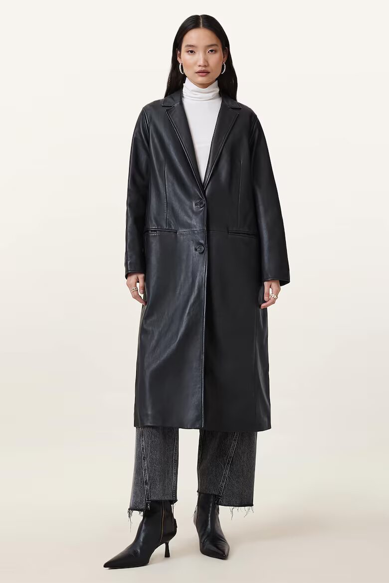 AllSaints Дълго кожено палто Aire - Черен