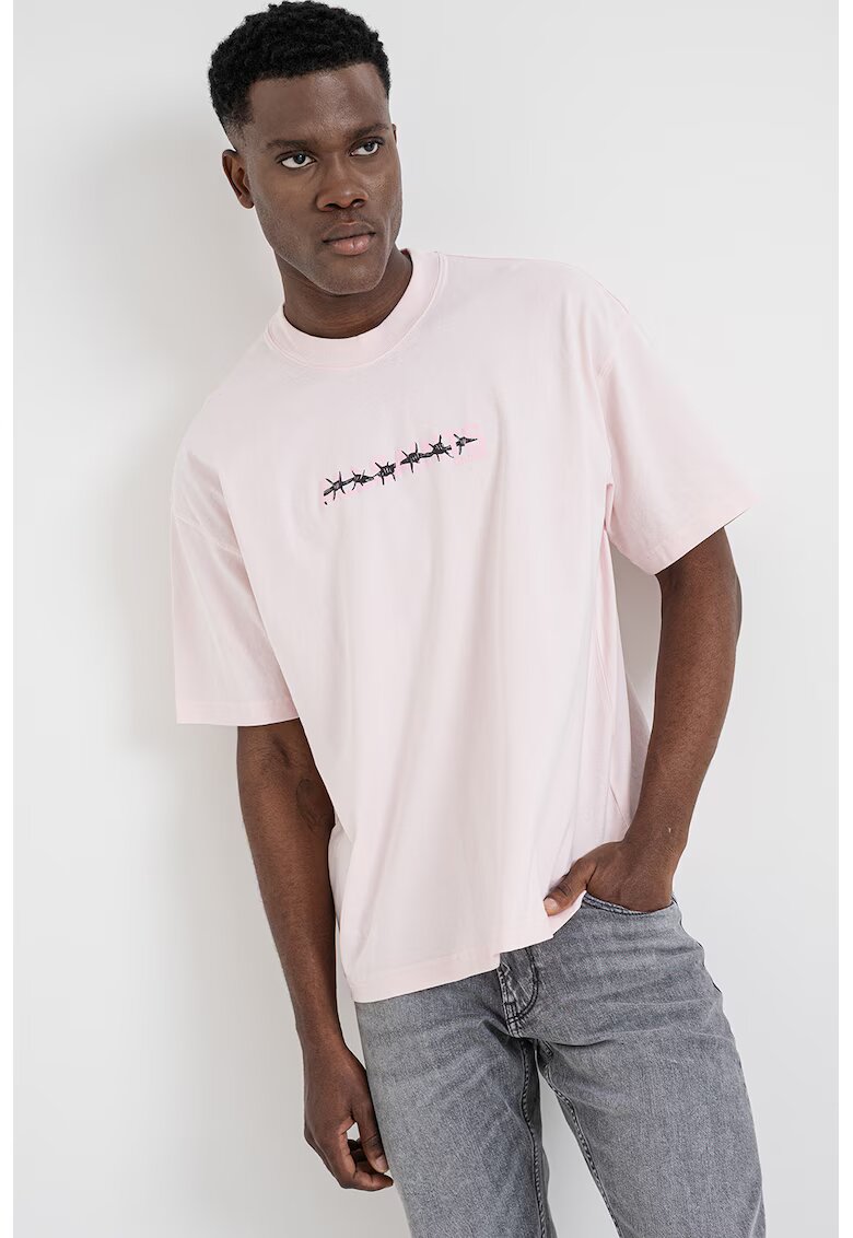 AllSaints Памучна тениска Deterent - Черен/Пастелнорозов