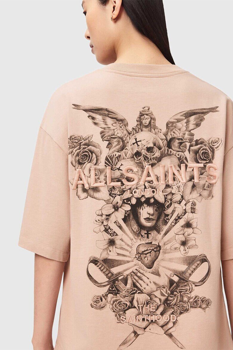 AllSaints Уголемена тениска с принт и лого Прашно розово