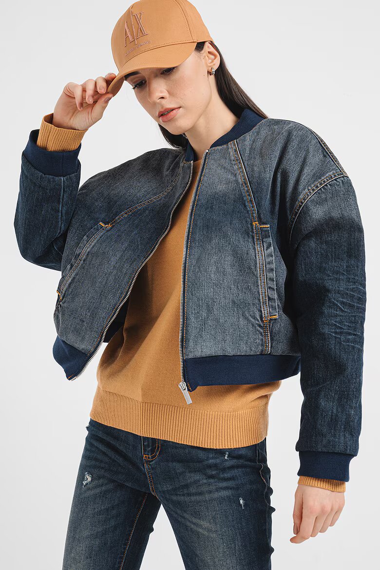 ARMANI EXCHANGE Дънково яке бомбър с лого и паднали ръкави - Син