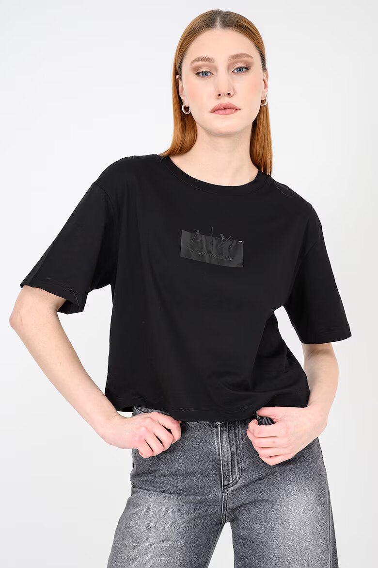 ARMANI EXCHANGE Къса памучна тениска с лого Черен