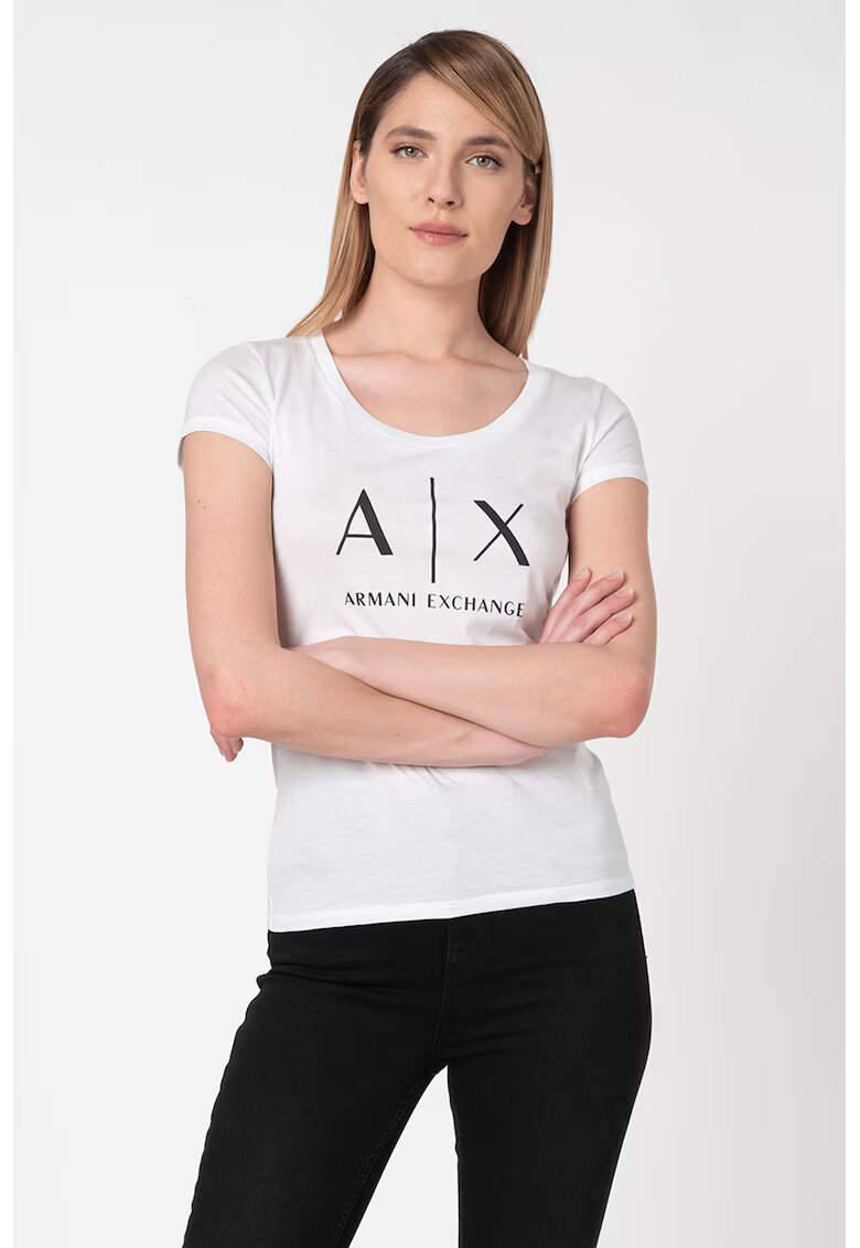 ARMANI EXCHANGE Памучна слим тениска - Бял/Черен