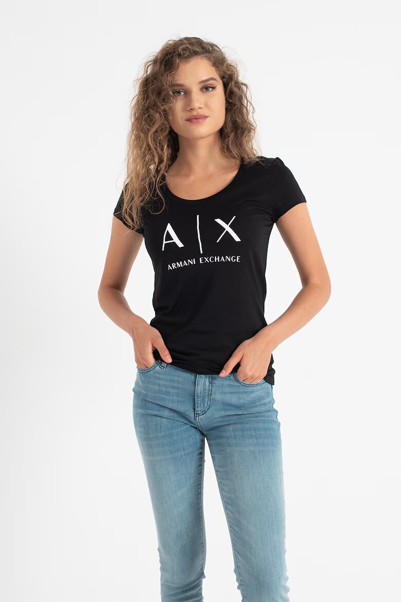 ARMANI EXCHANGE Памучна слим тениска Черен/Бял