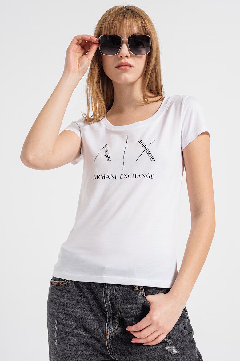 ARMANI EXCHANGE Памучна тениска с декоративни камъни Бял/Черен/Сребрист