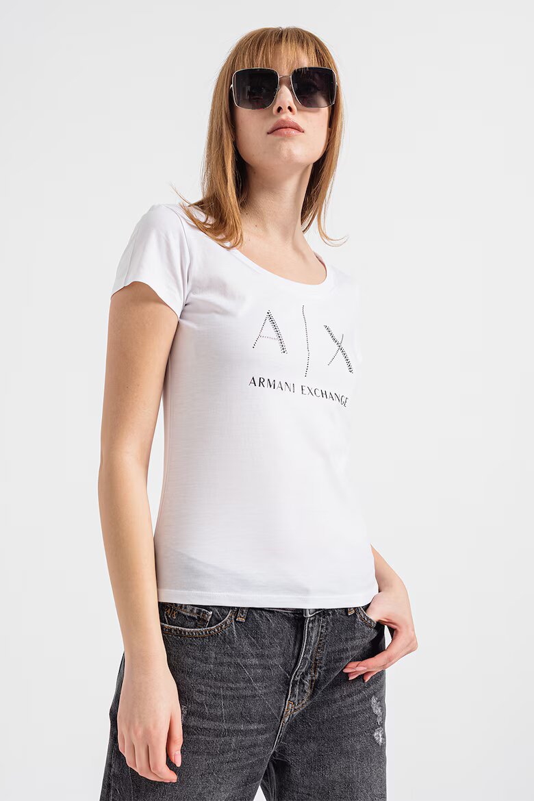 ARMANI EXCHANGE Памучна тениска с декоративни камъни Бял/Черен/Сребрист