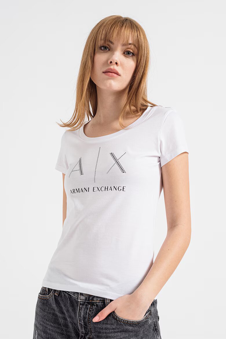 ARMANI EXCHANGE Памучна тениска с декоративни камъни Бял/Черен/Сребрист