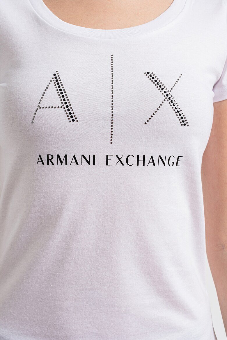 ARMANI EXCHANGE Памучна тениска с декоративни камъни Бял/Черен/Сребрист