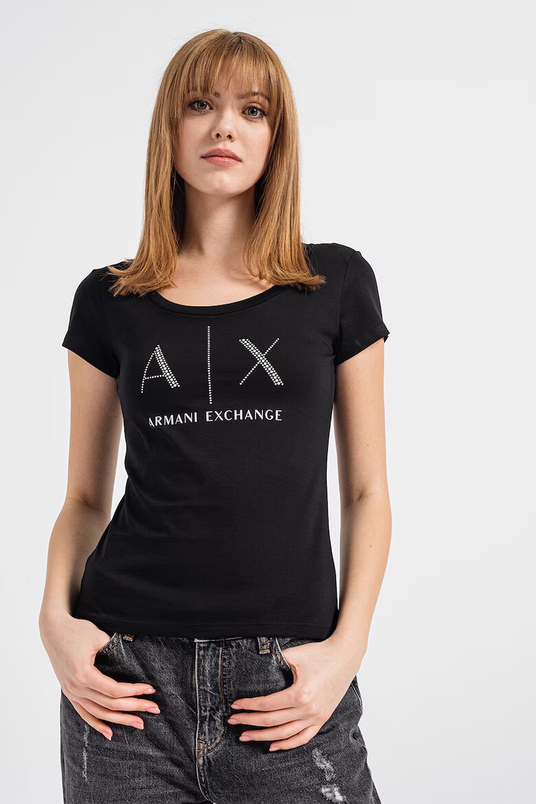 ARMANI EXCHANGE Памучна тениска с декоративни камъни Бял/Избеляло черно/Сребрист