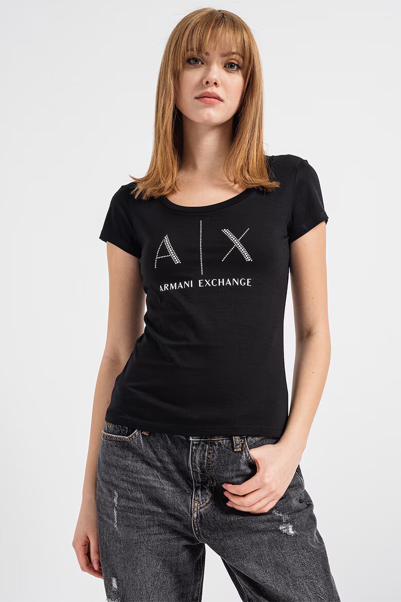 ARMANI EXCHANGE Памучна тениска с декоративни камъни Бял/Избеляло черно/Сребрист