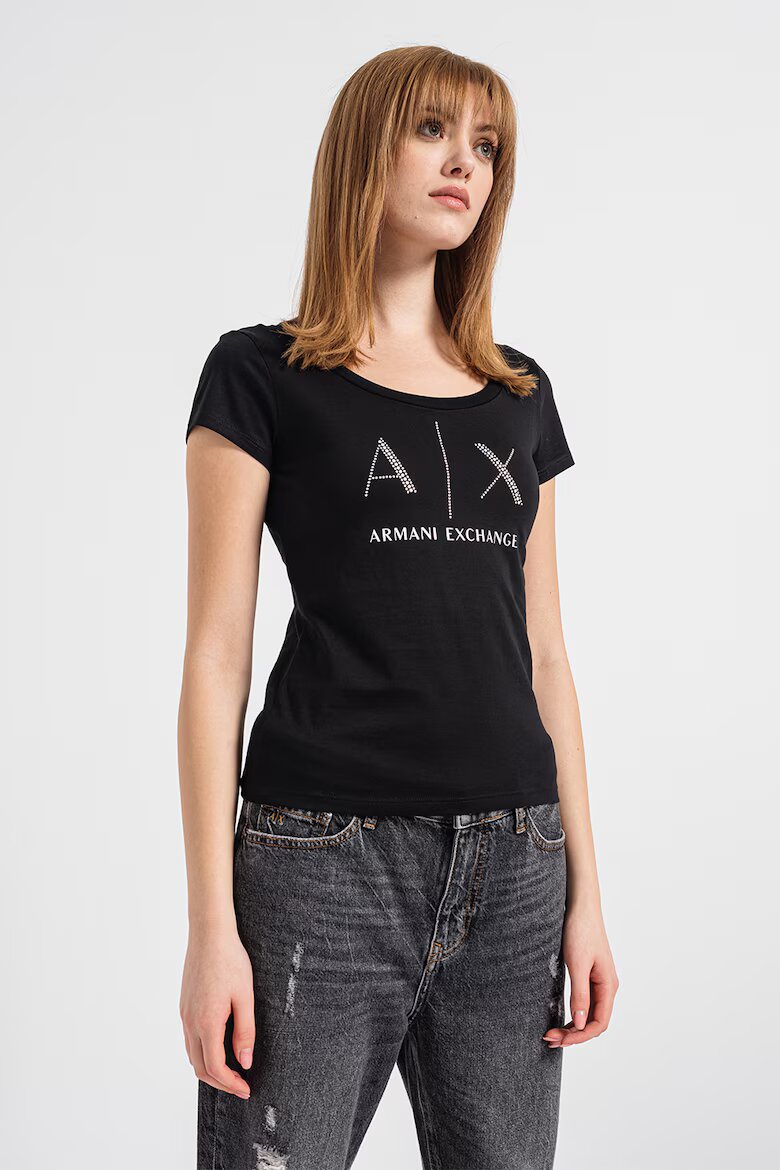 ARMANI EXCHANGE Памучна тениска с декоративни камъни Бял/Избеляло черно/Сребрист