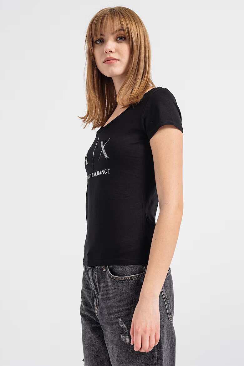 ARMANI EXCHANGE Памучна тениска с декоративни камъни Бял/Избеляло черно/Сребрист