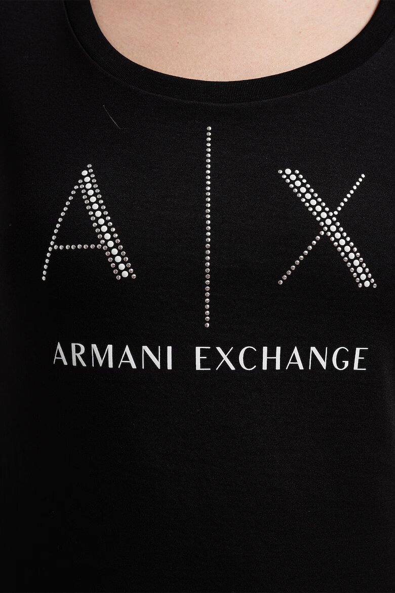 ARMANI EXCHANGE Памучна тениска с декоративни камъни Бял/Избеляло черно/Сребрист