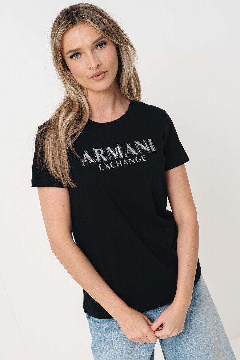 ARMANI EXCHANGE Памучна тениска с лого Черен/Сребрист