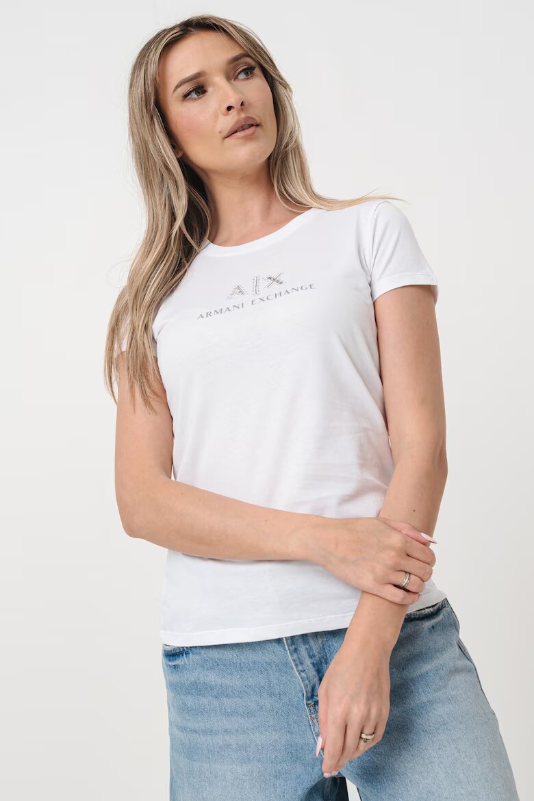 ARMANI EXCHANGE Памучна тениска с овално деколте и лого Бял/Сребрист