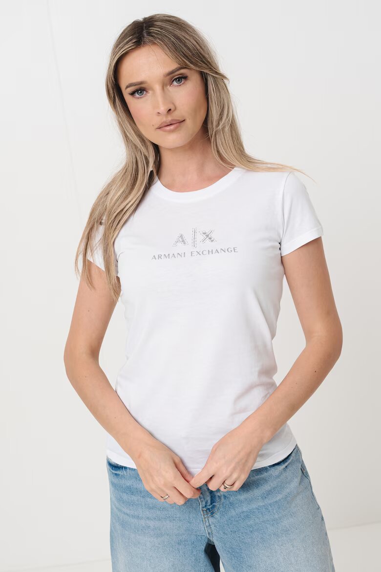 ARMANI EXCHANGE Памучна тениска с овално деколте и лого Бял/Сребрист