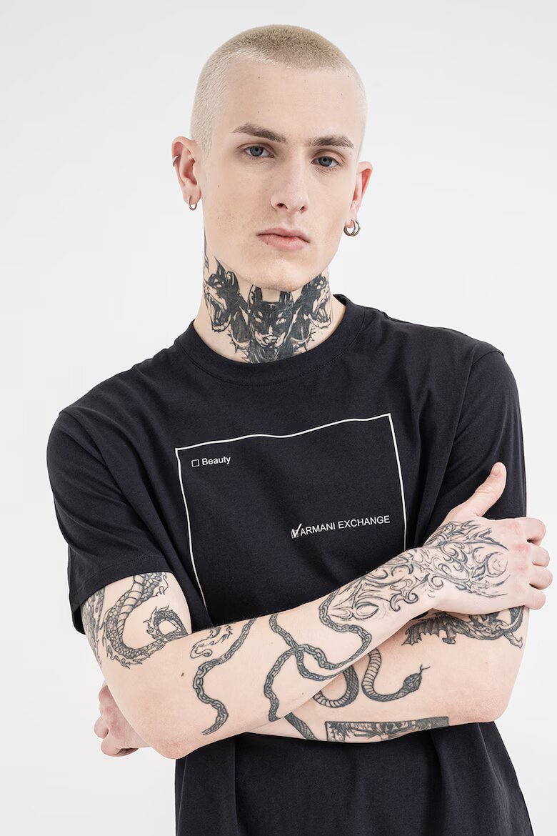 ARMANI EXCHANGE Памучна тениска с овално деколте и лого Бял/Тъмносин