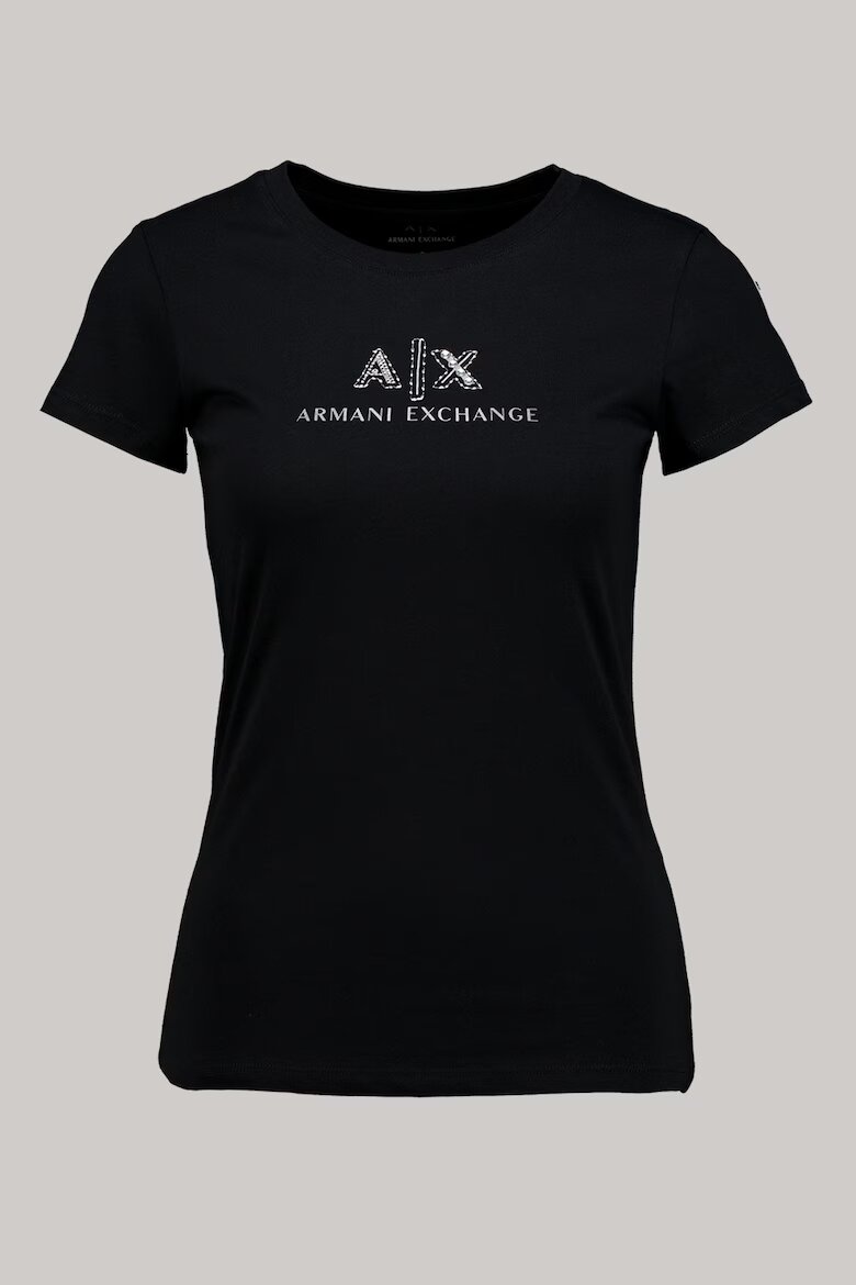 ARMANI EXCHANGE Памучна тениска с овално деколте и лого Черен/Сребрист