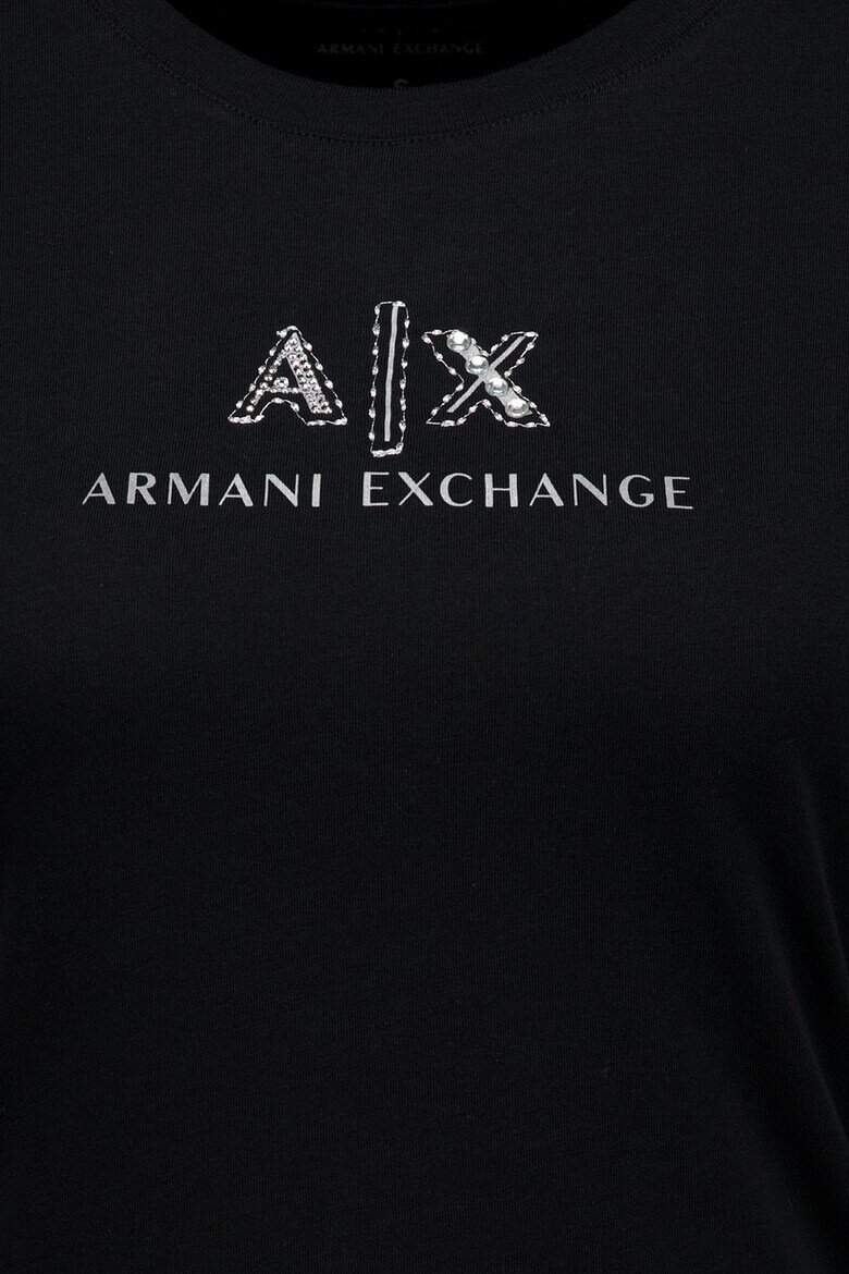 ARMANI EXCHANGE Памучна тениска с овално деколте и лого Черен/Сребрист
