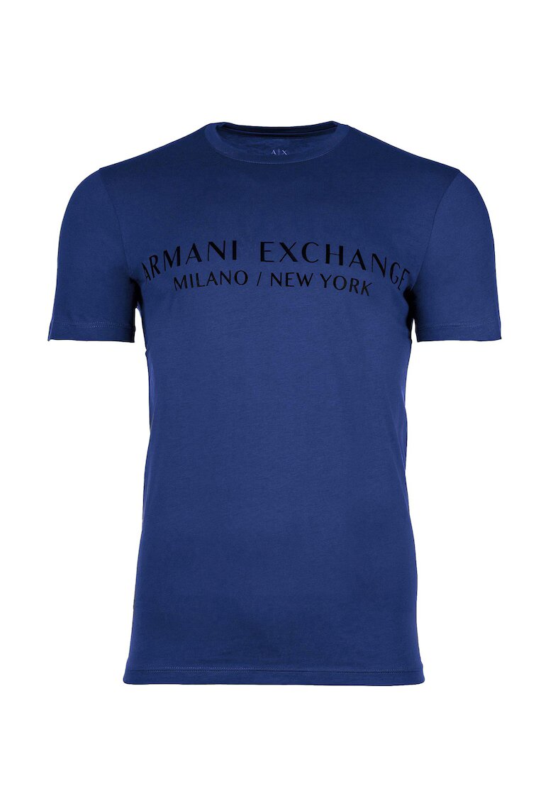 ARMANI EXCHANGE Памучна тениска с овално деколте и лого - Индигово синьо