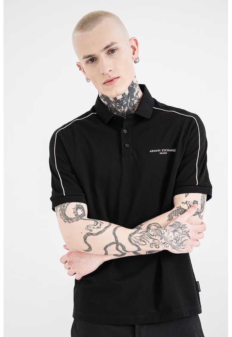 ARMANI EXCHANGE Памучна тениска с яка и лого - Бял/Черен