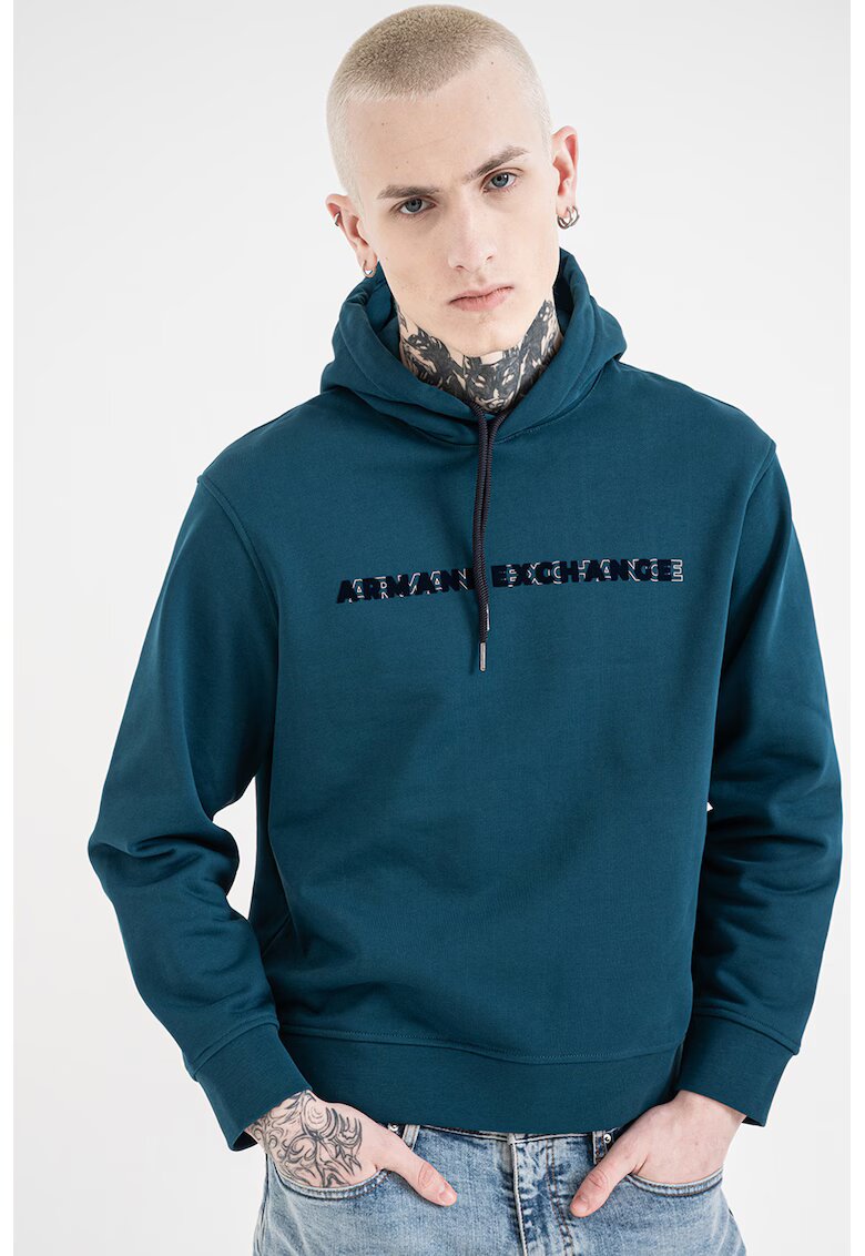 ARMANI EXCHANGE Памучно худи с лого - Петролно синьо