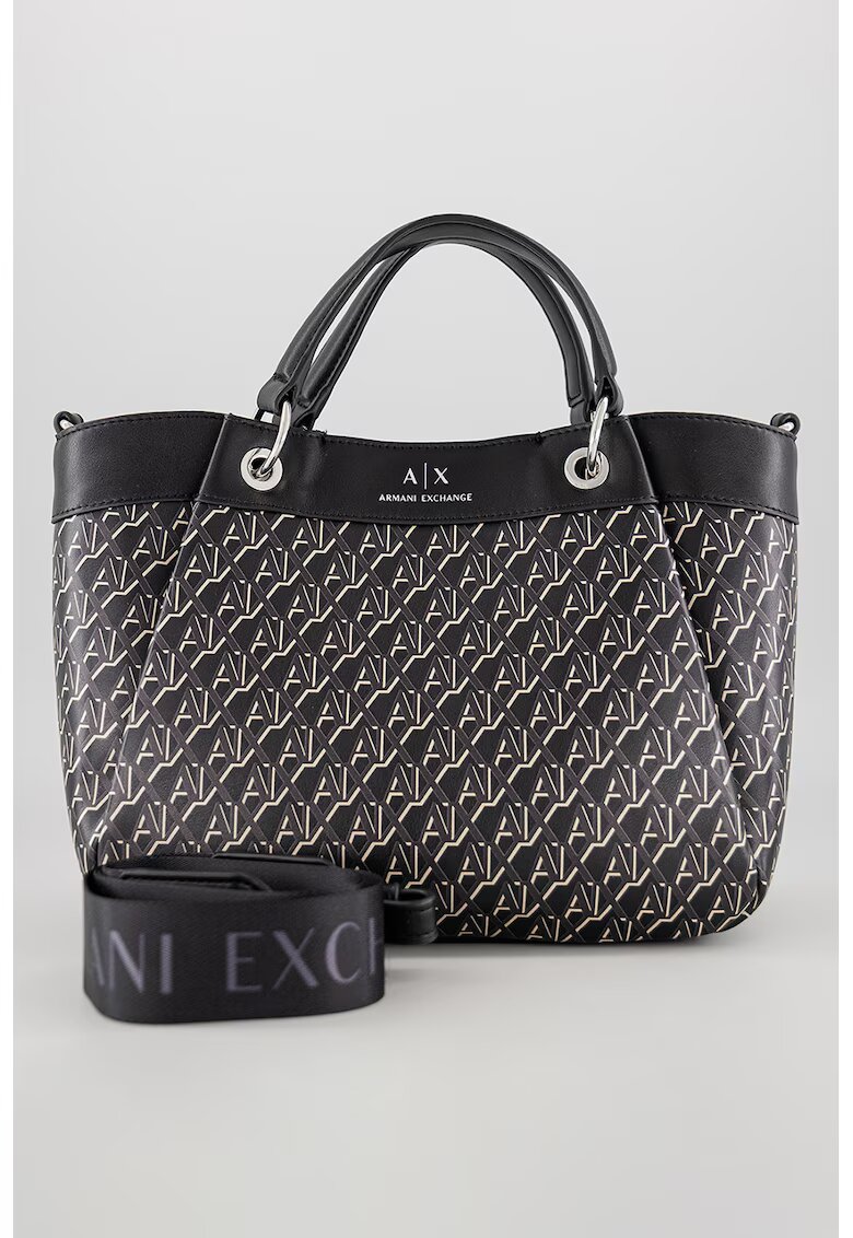 ARMANI EXCHANGE Шопинг чанта от еко кожа с лого - Черен/Бледозелен
