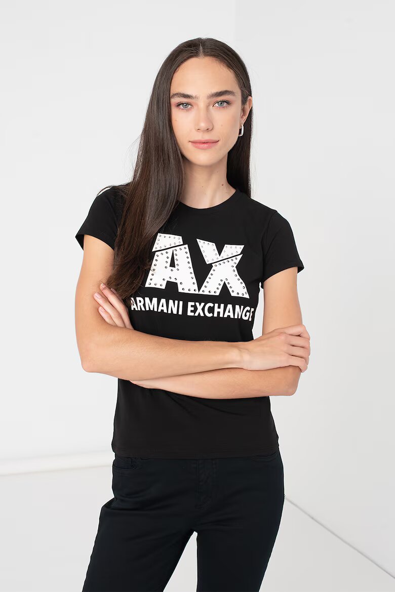 ARMANI EXCHANGE Слим тениска с декоративни камъни Бял/Черен