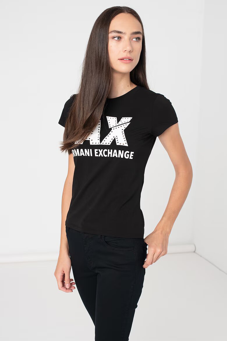 ARMANI EXCHANGE Слим тениска с декоративни камъни Бял/Черен