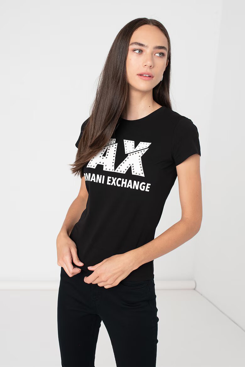 ARMANI EXCHANGE Слим тениска с декоративни камъни Бял/Черен