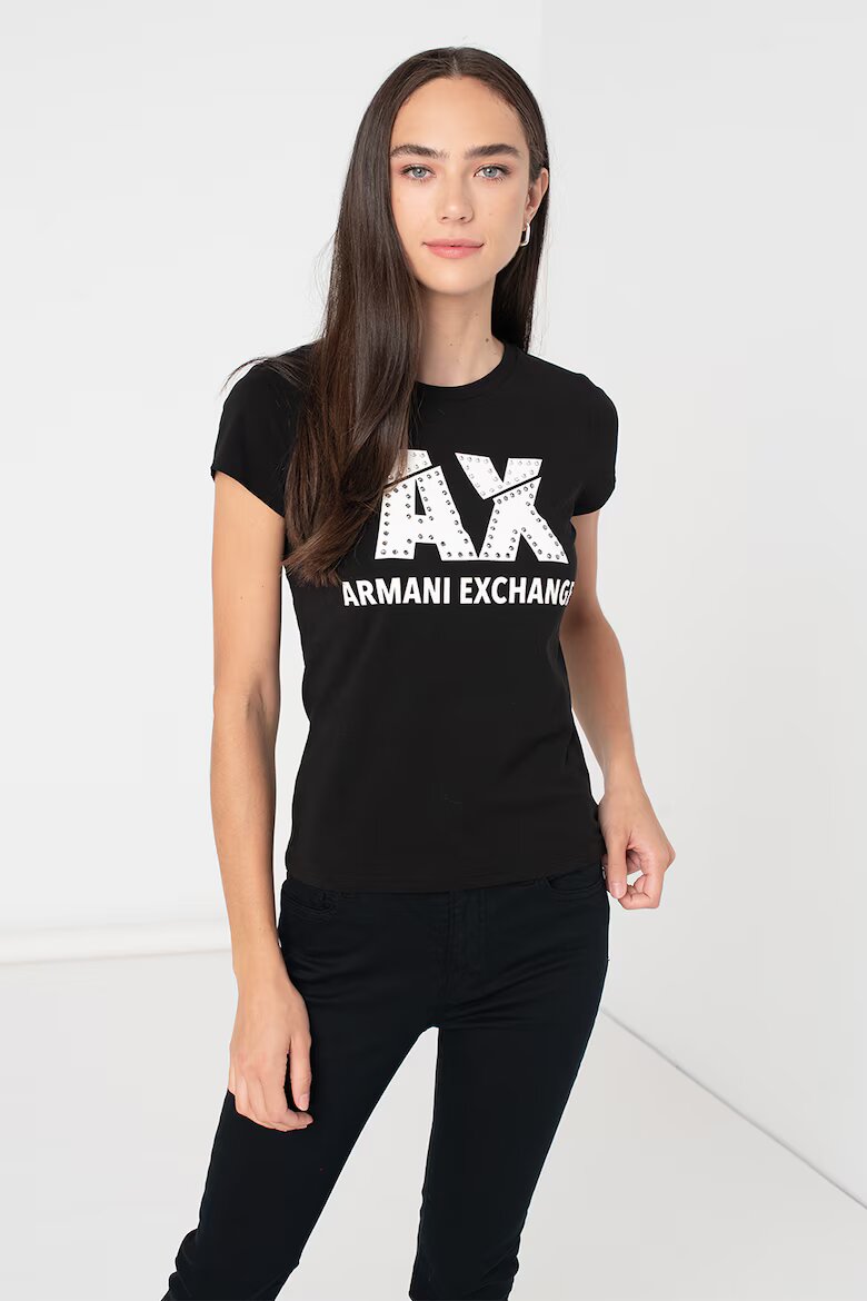 ARMANI EXCHANGE Слим тениска с декоративни камъни Бял/Черен