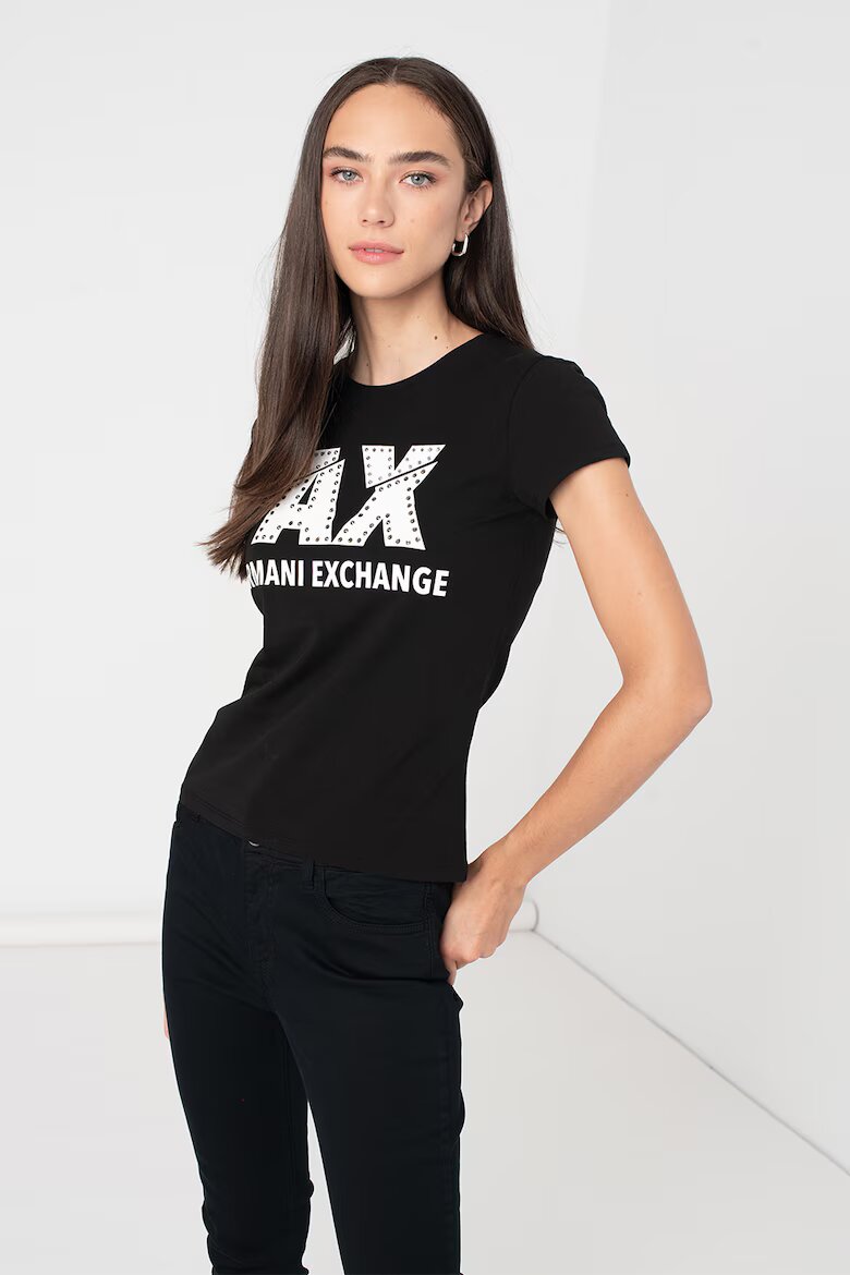 ARMANI EXCHANGE Слим тениска с декоративни камъни Бял/Черен