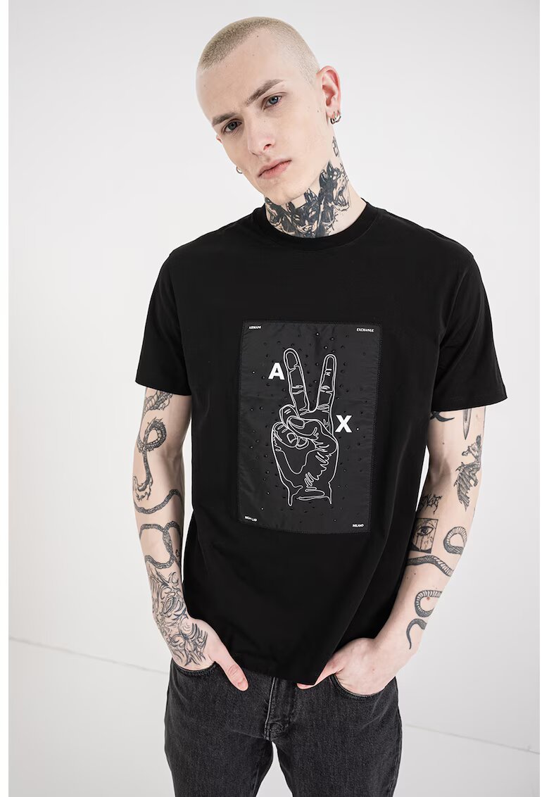 ARMANI EXCHANGE Стандартна тениска с фигурален принт - Бял/Черен