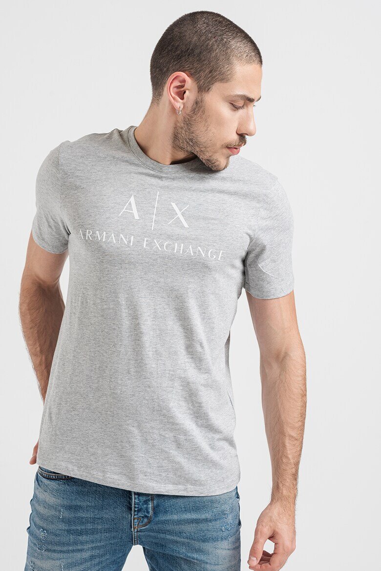ARMANI EXCHANGE Вталена памучна тениска с лого Бял/Сив меланж