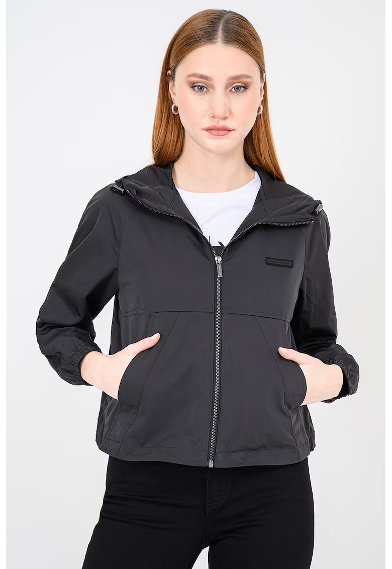 ARMANI EXCHANGE Яке с качулка и джобове встрани с цип - Избеляло черно
