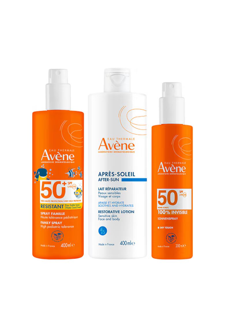 Avene Комплект Avène - слънцезащитен спрей SPF 50+ 400 мл + 100% невидим слънцезащитен спрей SPF 50 200 мл + Лосион за след слънце - 400 мл
