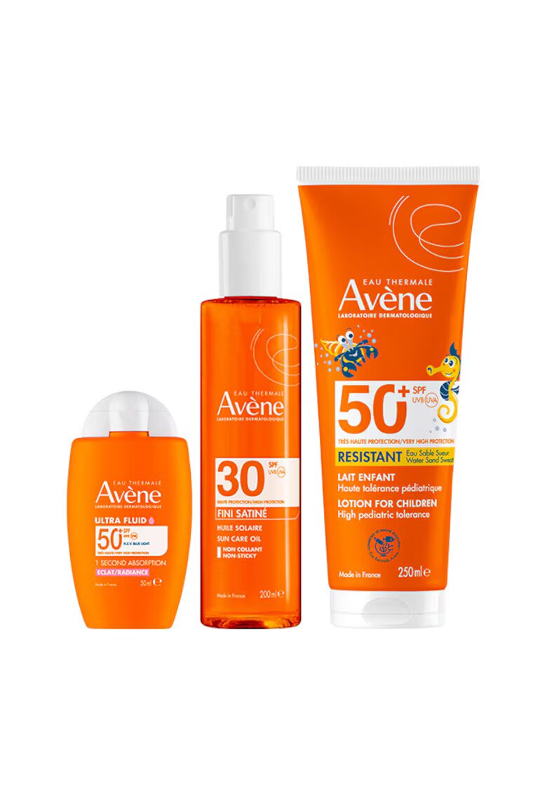 Avene Комплект Avène - Ultra Radiance - Слънцезащитен флуид за лице SPF 50+ - 50 мл - Сатенено слънцезащитно масло SPF 30 - 200 мл - Детски слънцезащитен лосион SPF 50+ ...