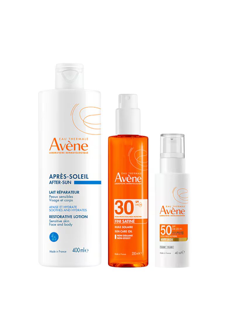 Avene Комплект сатенено слънцезащитно масло SPF 30 200 мл + Антиейдж флуид SPF 50+ - 40 мл + Лосион за след слънце - 400 мл