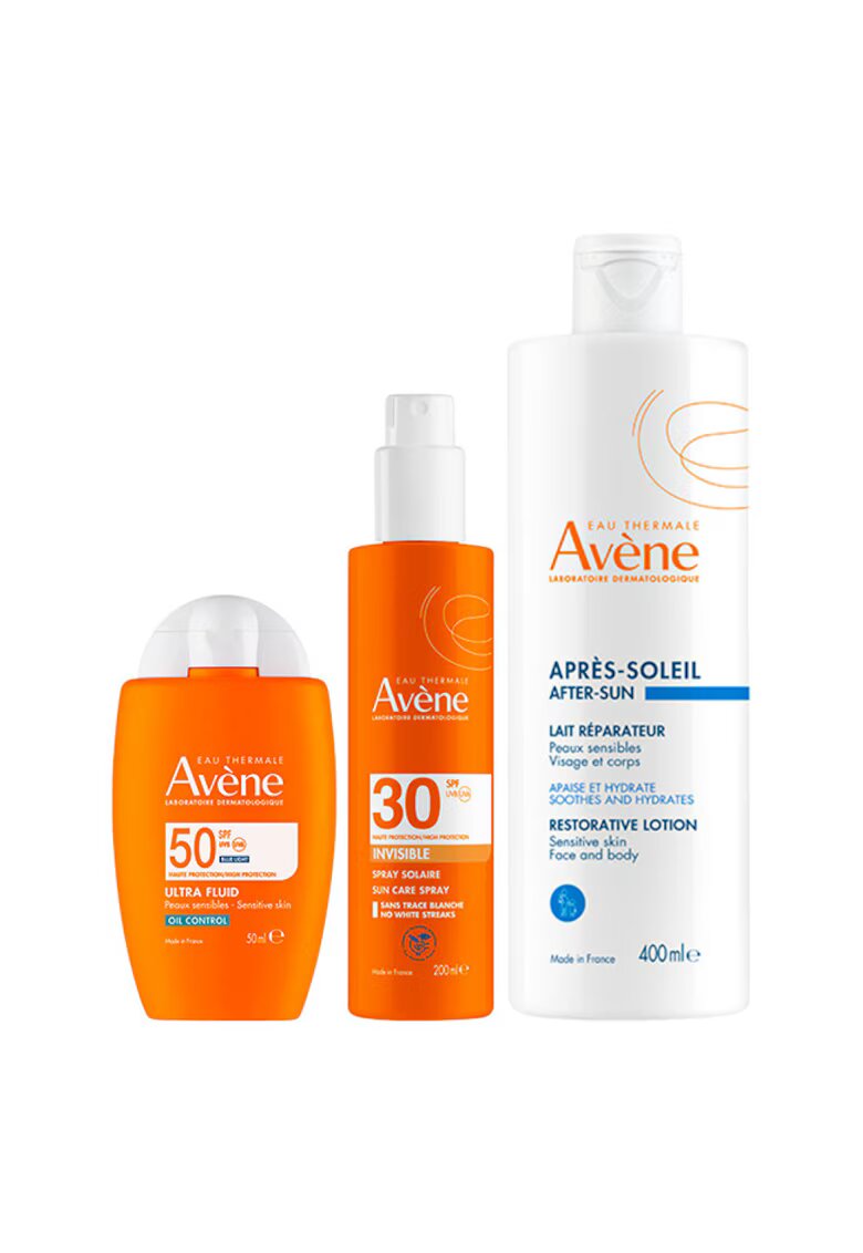 Avene Пакет – Слънцезащитен флуид за лице SPF 50+ 50 мл + Невидим спрей SPF 30 - 200 мл + Лосион за след слънце - 400 мл