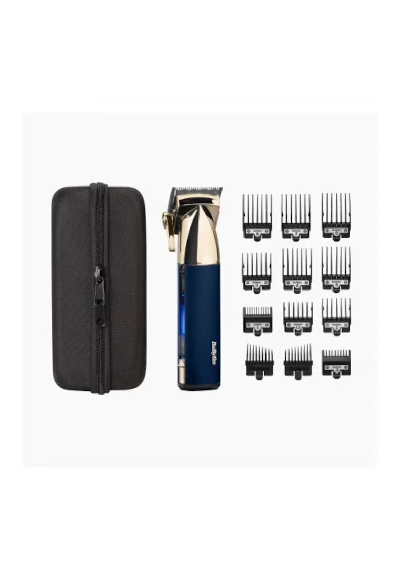 BaByliss Машинка за подстригване Super-X Metal - 12 аксесоара - 3 часа - 1.5-25 мм - 10 приставки - Японска стомана - Калъф - Gold-Navy Blue