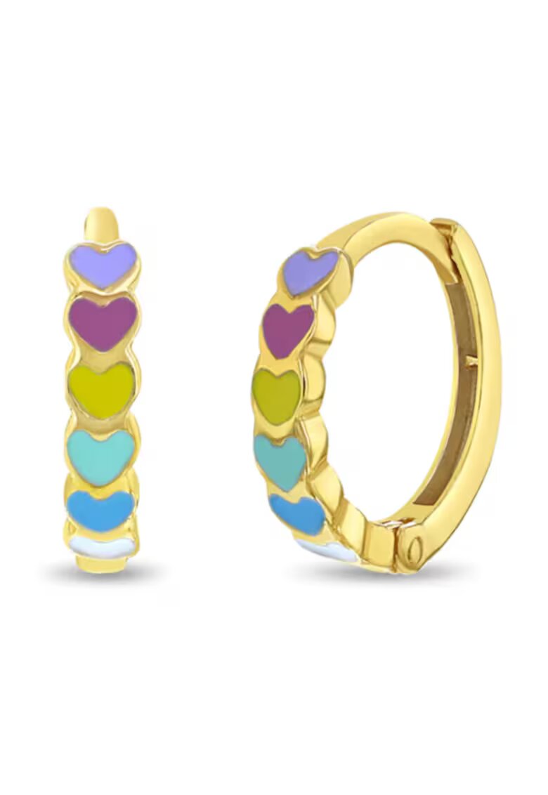 Bebe Gold 14-каратови златни обеци за деца и тийнейджъри - модел Каскада от сърца" с многоцветен емайл - закопчаване тип "тортичка""