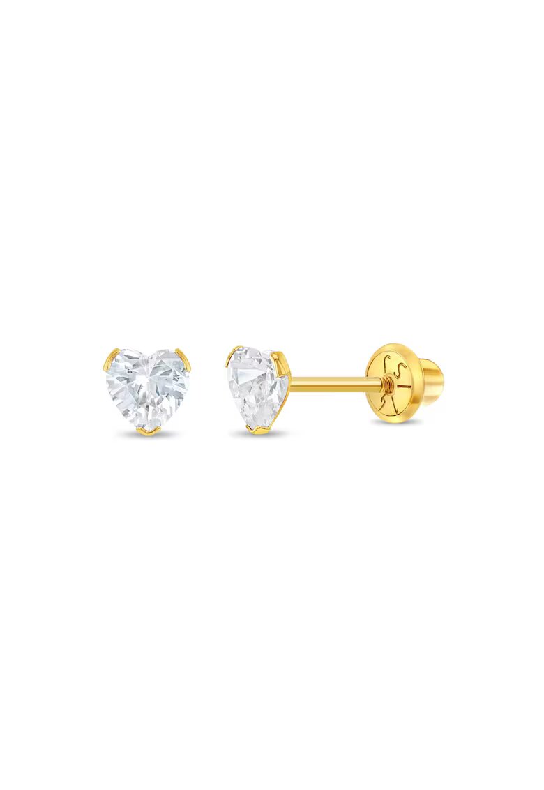 Bebe Gold 14-каратово златни детски обеци - модел с камък за раждане (априлски рожден ден) - форма на сърце с бял CZ камък - конец и защитно затваряне