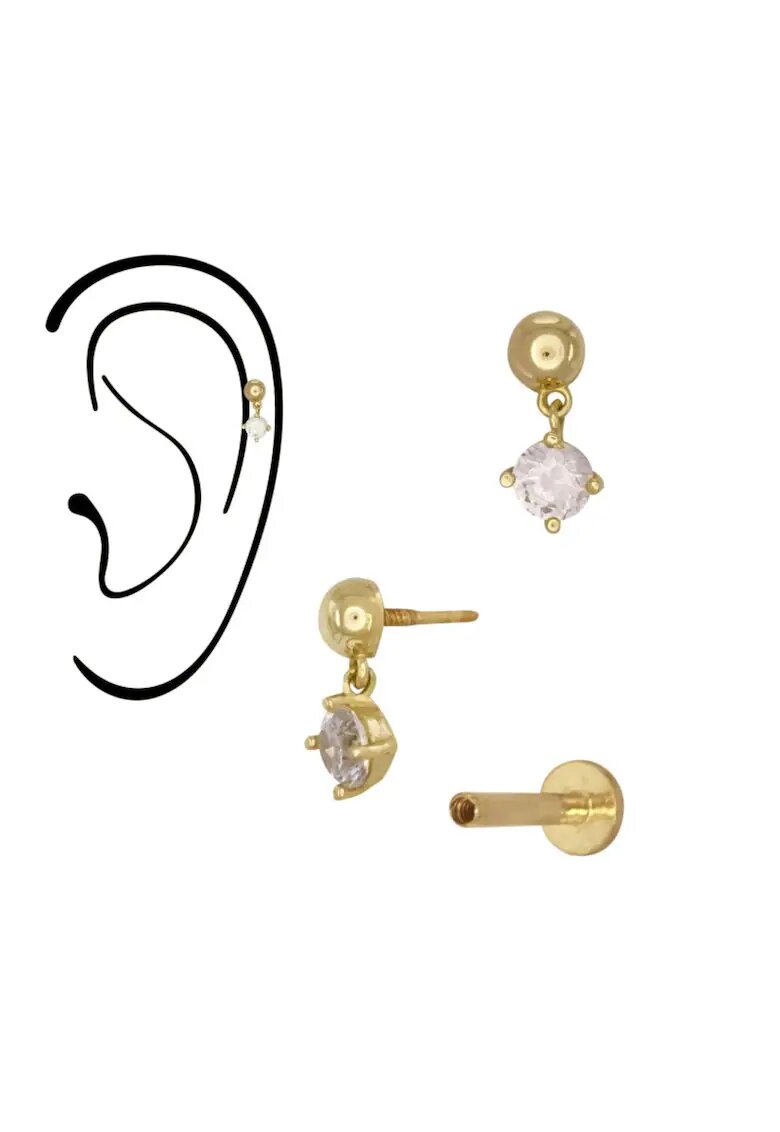 Bebe Gold 14K Златен Пиърсинг - 3мм Полусферична Топка с Подвижен CZ Чар - Лабрет - Захващане с Резба - Плосък Гръб