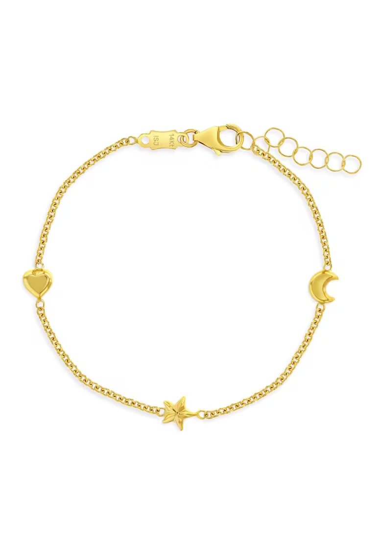 Bebe Gold 14k златна гривна с деликатни форми със сърце - звезда и луна - регулируема - за бебета и момичета