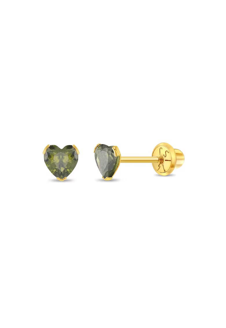 Bebe Gold 14K златни детски обеци - модел с камък за раждане (рожден ден през август) - форма на сърце със светлозелен CZ камък - конец и защитно ...